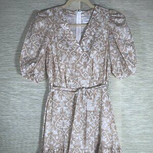 Calvin Klein Beige White Tiered Ruffled Dress Balloon Sleeve Belted Size 4